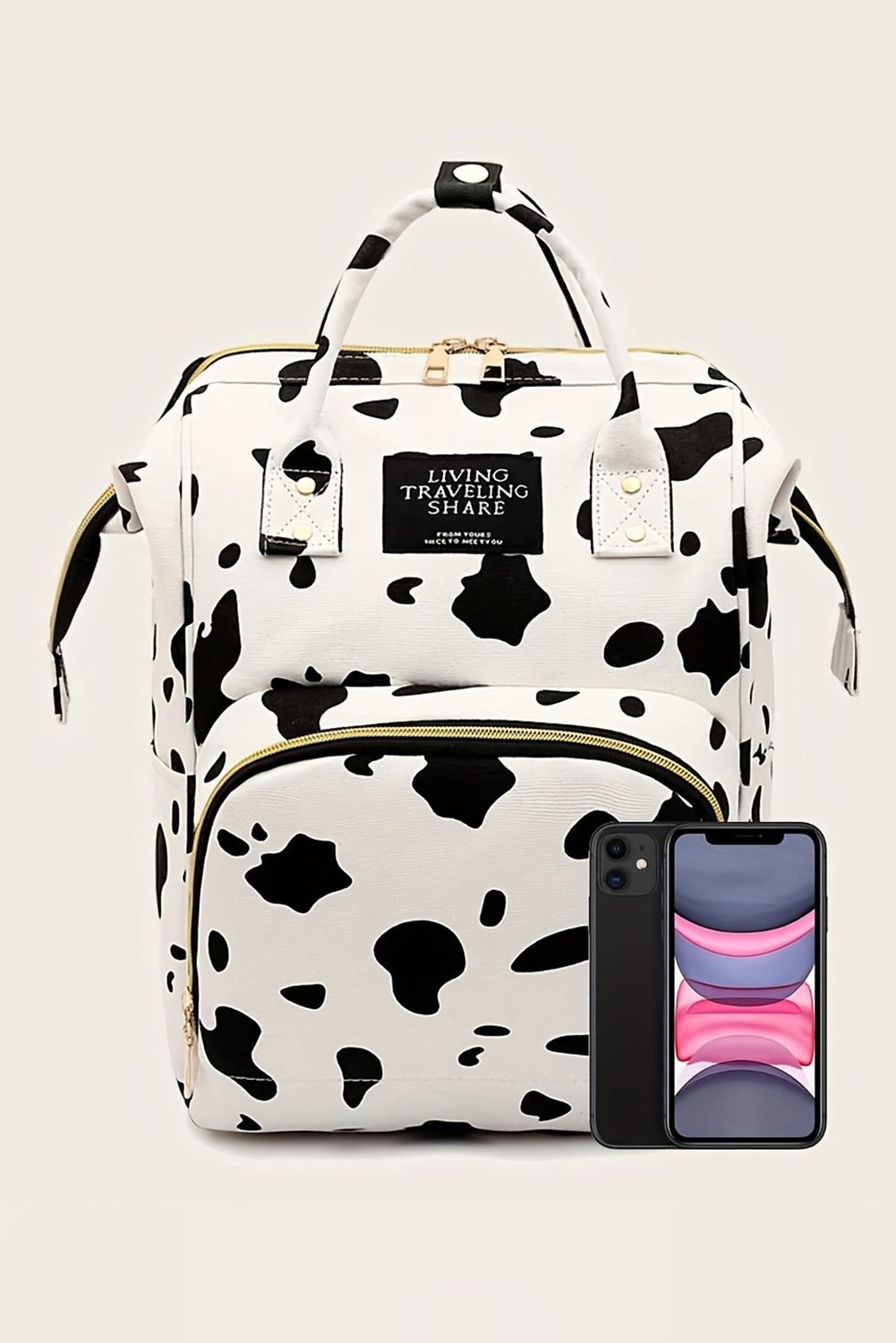 White Cow Spot Print Multi Pocket Canvas Backpack - Rustic Wears LLC